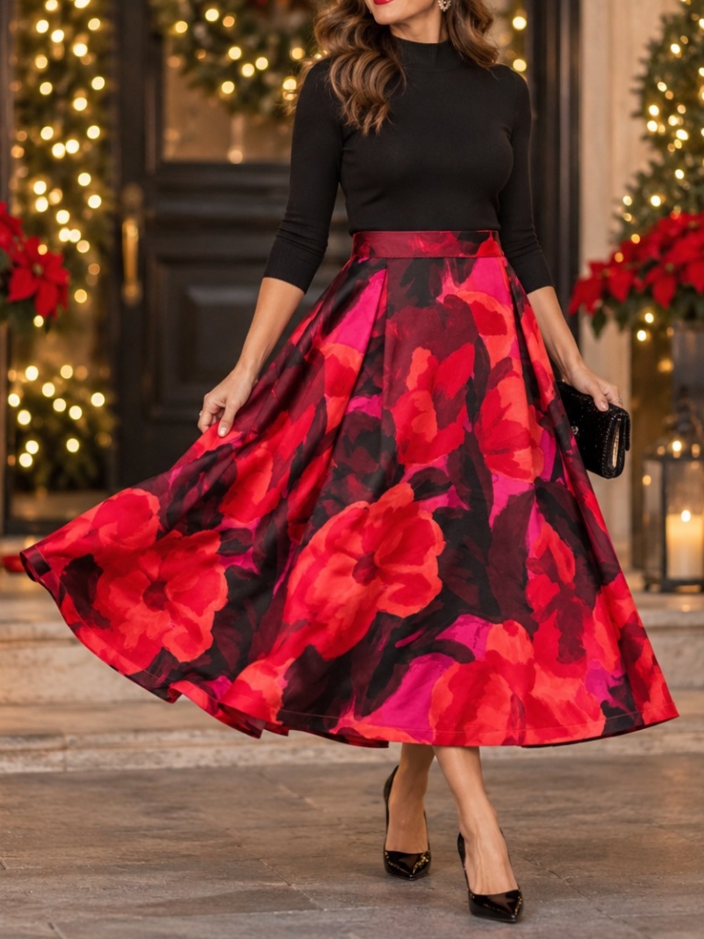 C Wonder by Christian Siriano Garden Bloom Floral Red Full Skirt Size 14 NWOT